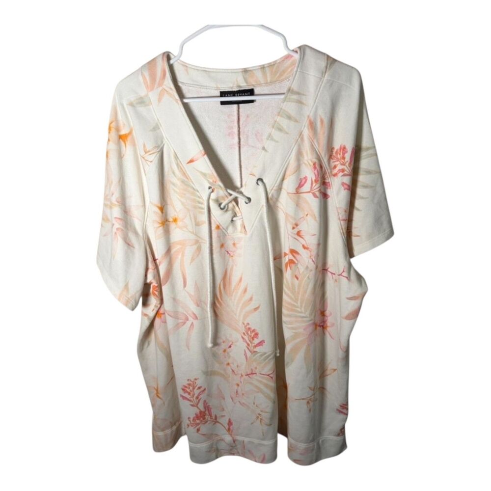 Lane Bryant Sweatshirt Women's 26/28 Terry Floral Short Sleeve V-Neck Top
